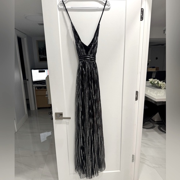 LUXXEL Elegant Black and Silver Striped Evening Gown, Adjustable Straps. Size S - Picture 1 of 4